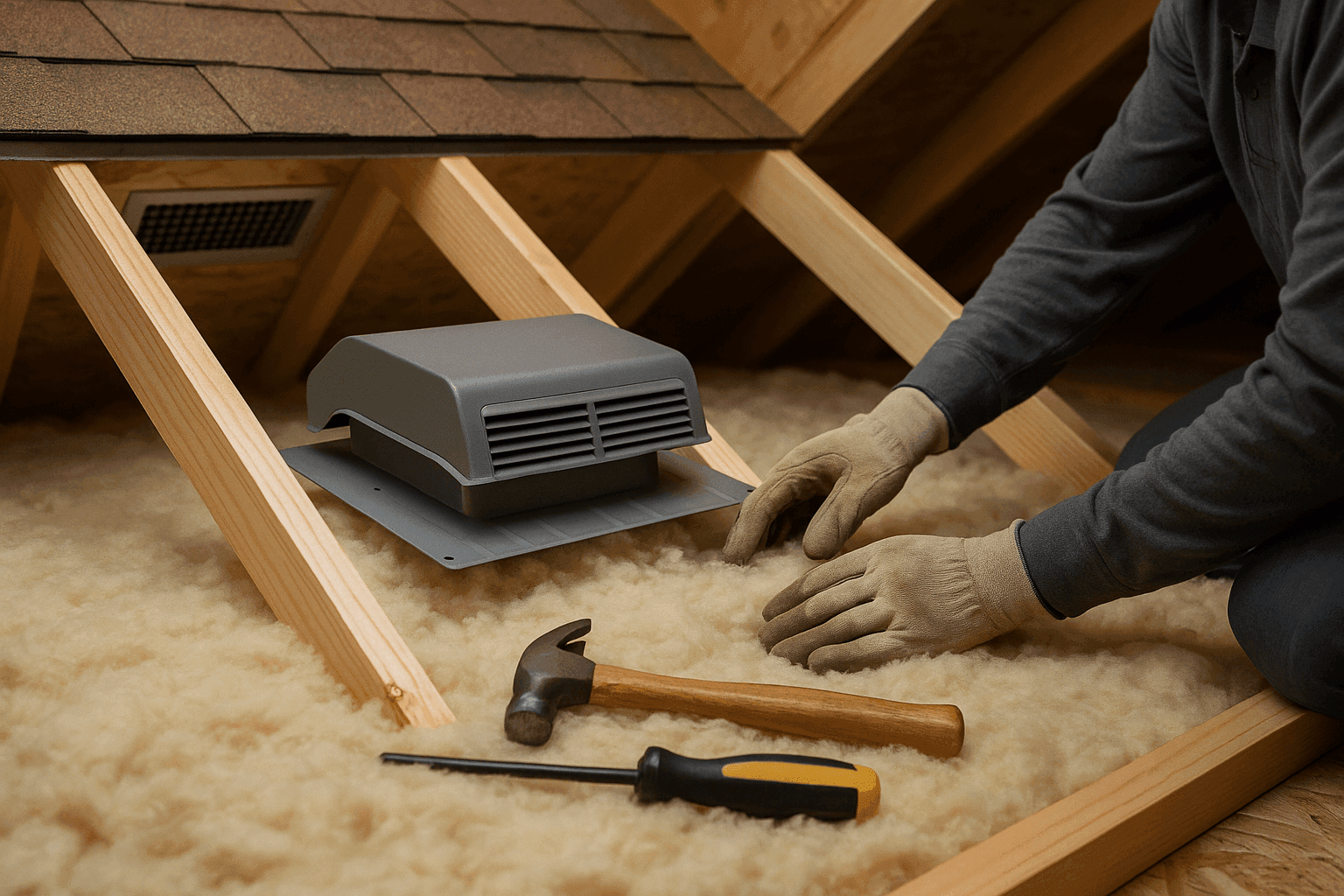 Attic roof ventilation vents and insulation installation under roof decking