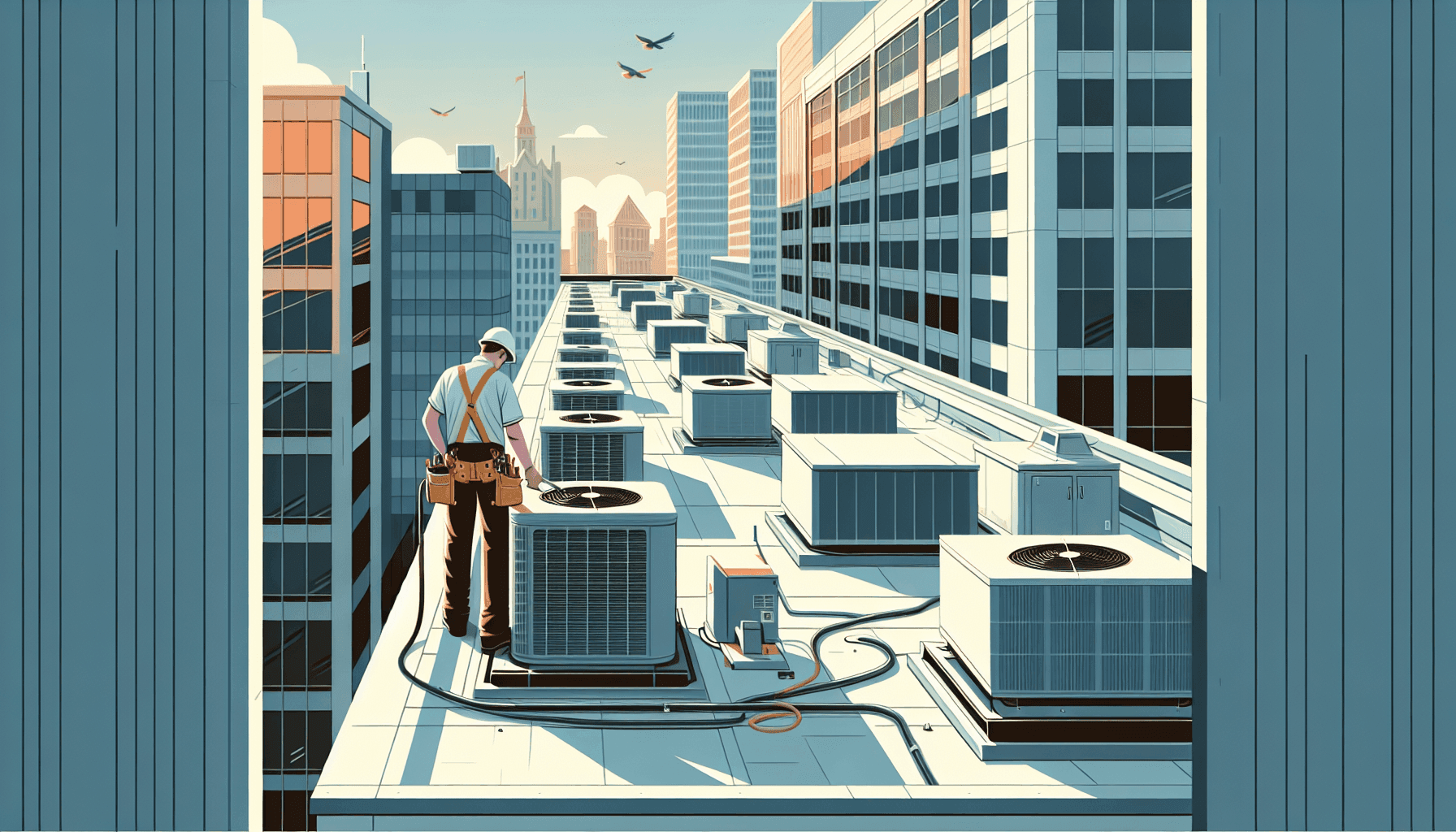 Large commercial roof with technician inspecting