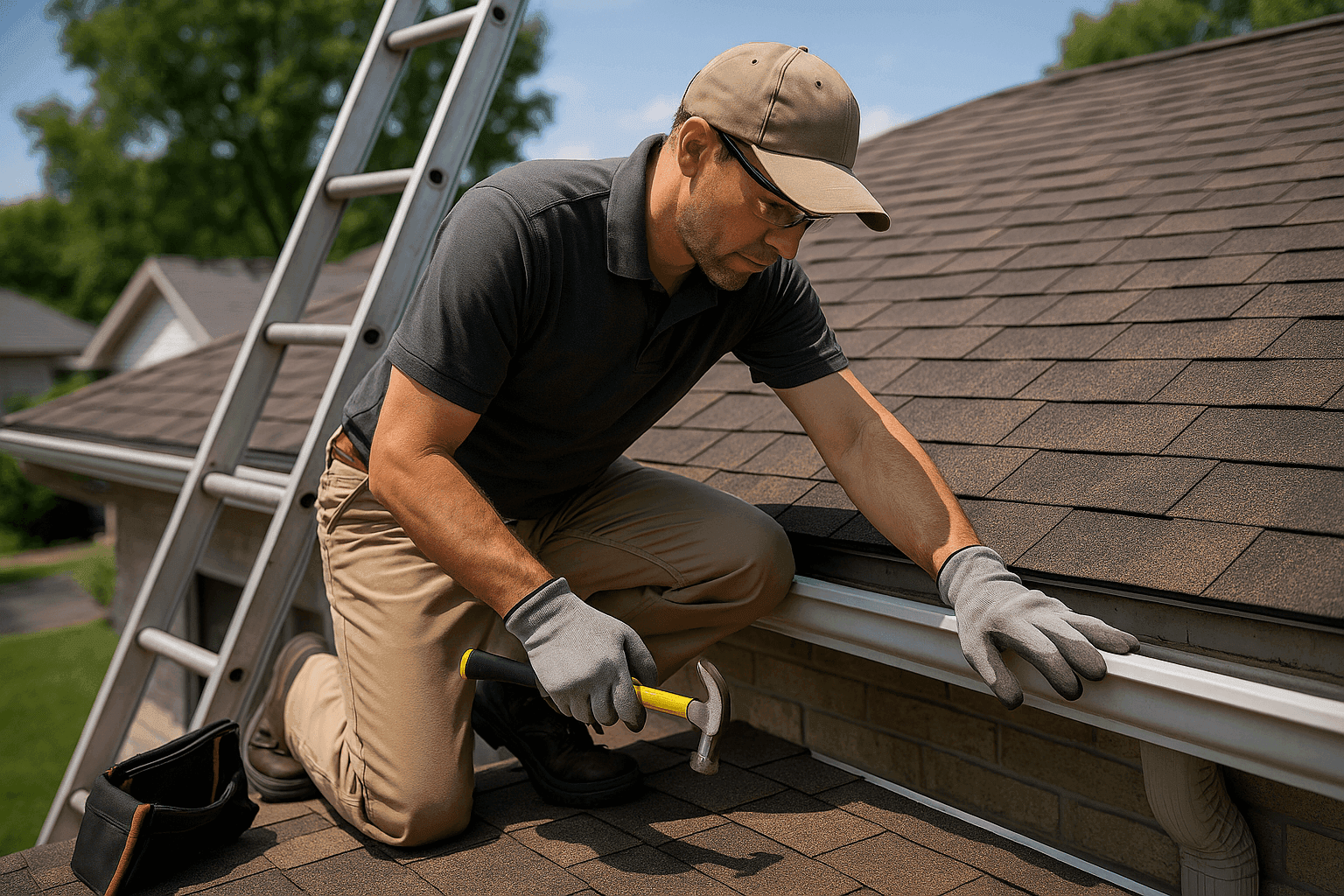 Roofing professional inspecting shingles and gutters for preventative maintenance