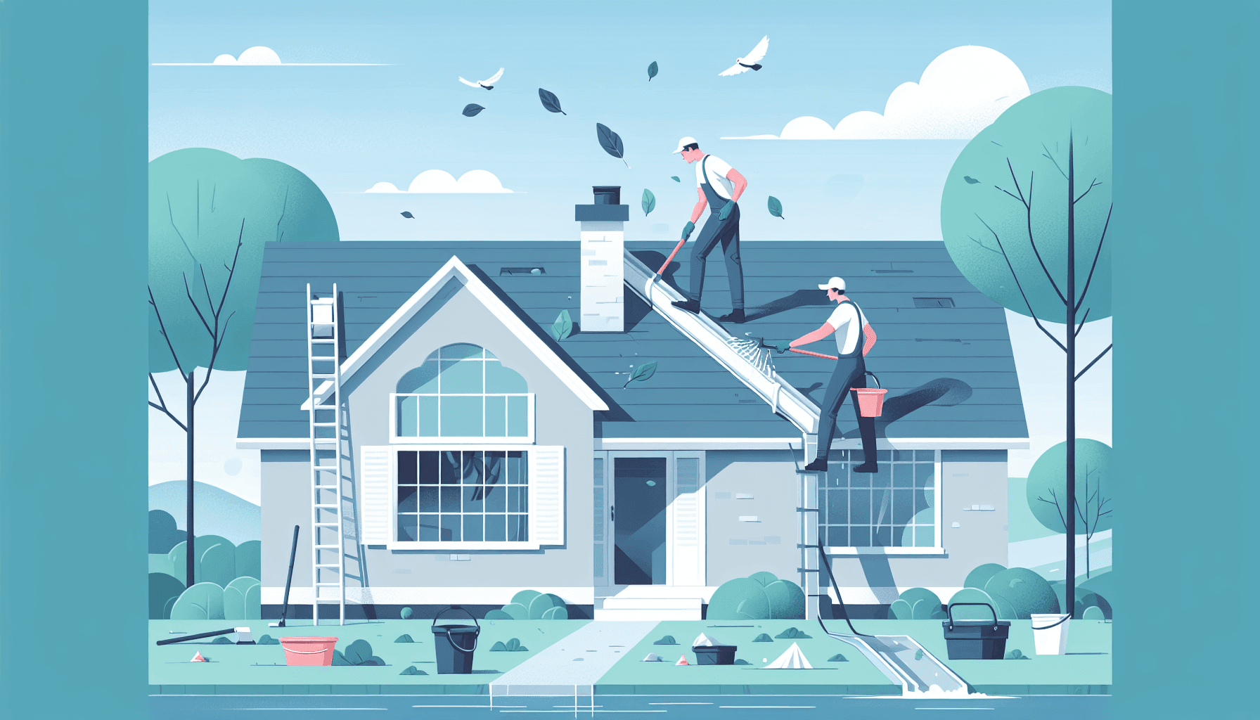 Professional cleaning gutters on a roof