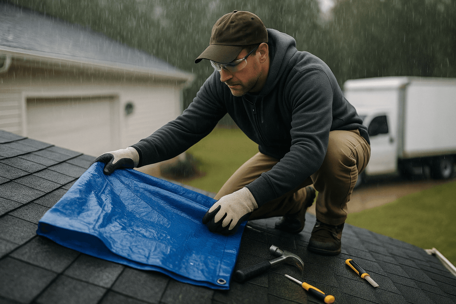 Homeowner covering roof leak with tarp during rain to prevent water damage